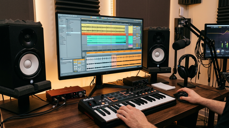 Person using AKAI MPK249 MIDI keyboard with digital audio workstation on monitor