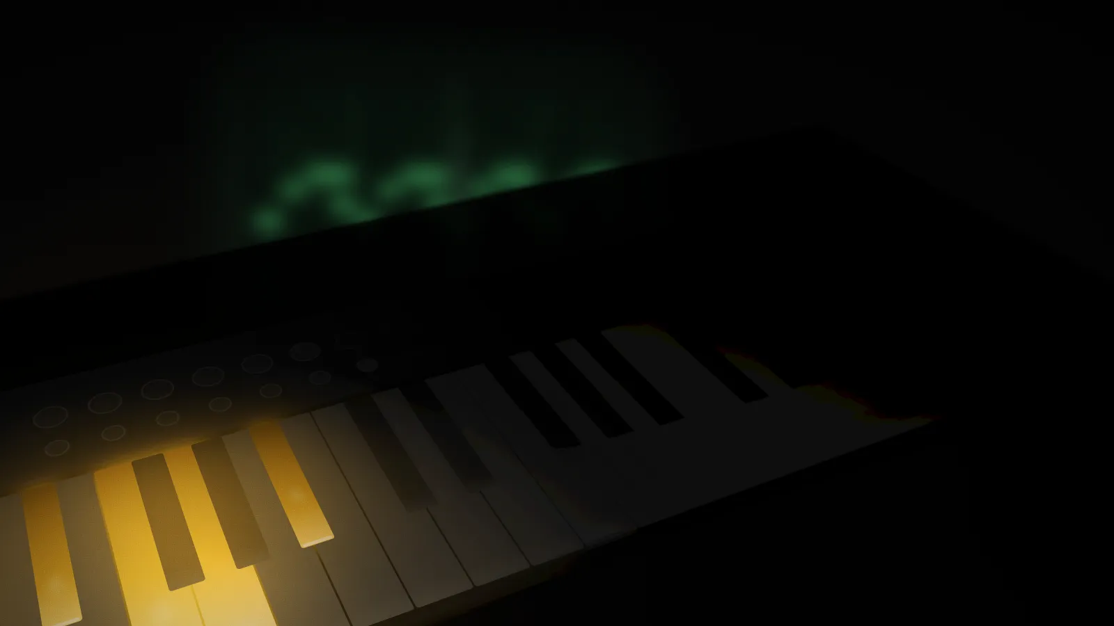 MIDI keyboard at night with five keys lit in amber, the notes of a minor pentatonic scale