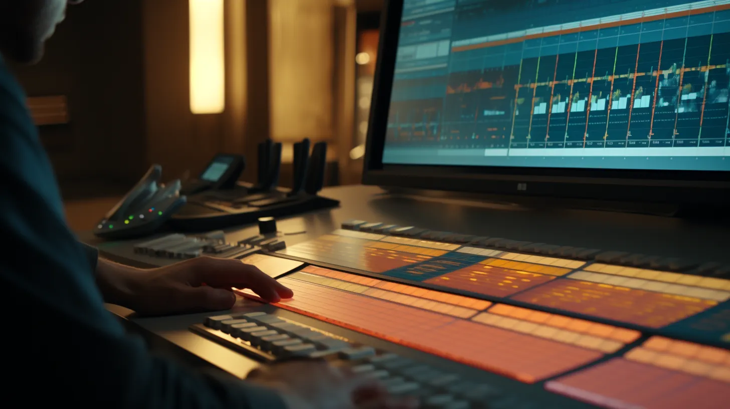 Producer's hands on a mixing desk in a dim studio, arrangement on screen